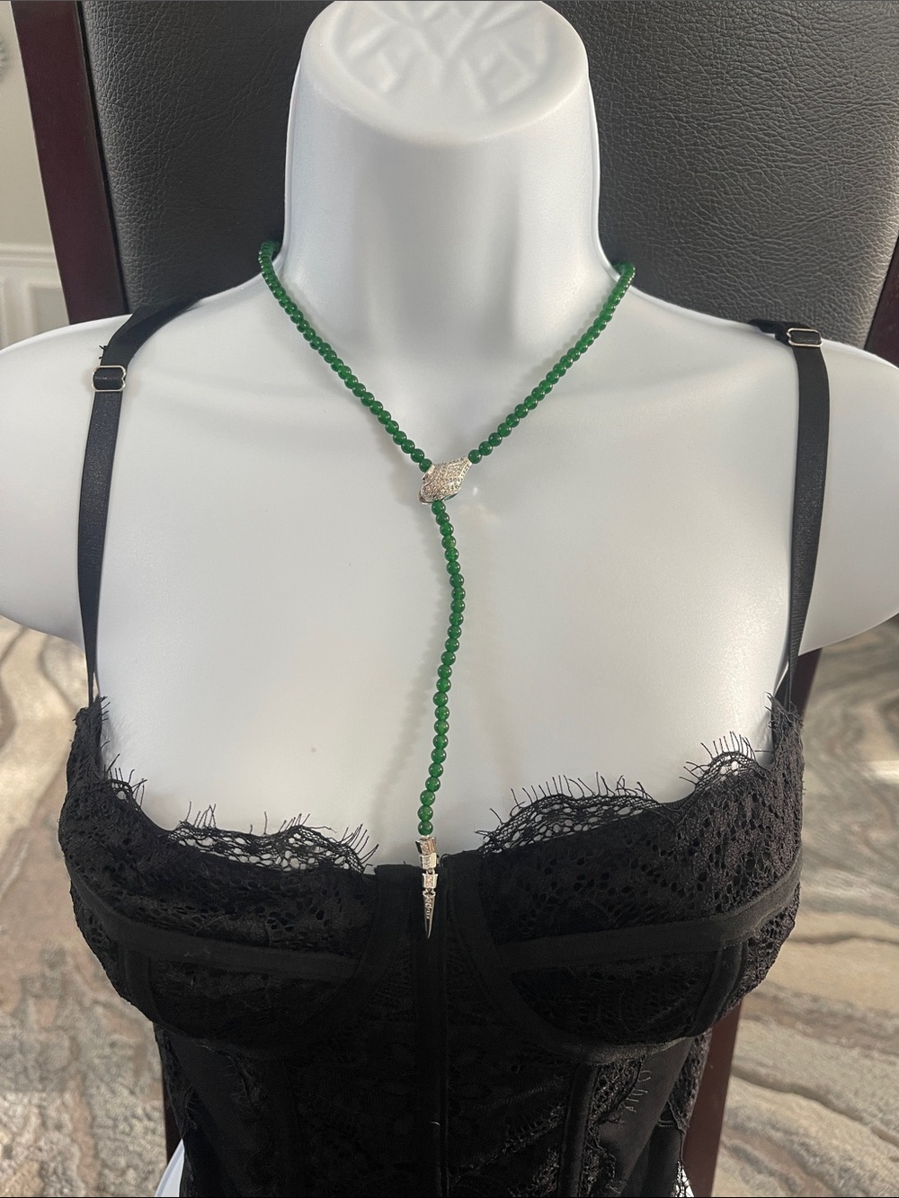 Green Jade 4mm Beaded Lariat Necklace with Silver snake